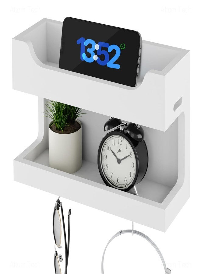 NiHome Bedside Wall Shelf, Wood Organizer, Magnetic Hooks, 2 Tier, White - Image 1