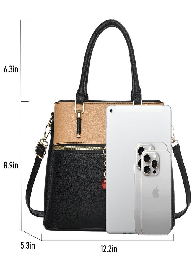 KURGOOL Dual-tone Purse Handbags for Women, 3 Zip Compartments Tote Bag, Trendy Leather Designer Shoulder Satchel Purses(White Brown) - Image 4