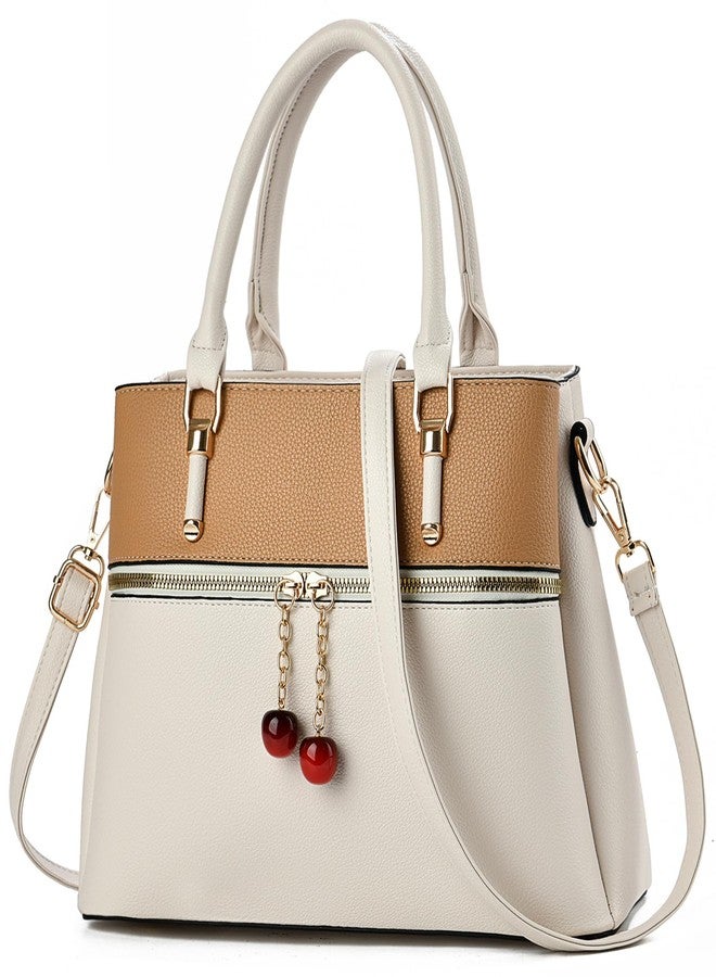KURGOOL Dual-tone Purse Handbags for Women, 3 Zip Compartments Tote Bag, Trendy Leather Designer Shoulder Satchel Purses(White Brown) - Image 1