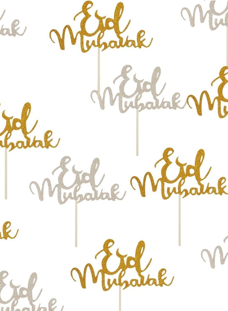 ThePartyPopper Pack of 50 Glitter Gold & Silver Eid Mubarak Cupcake Topper Cake Decoration for Eid Ramadan Table Decoration  - Image 1