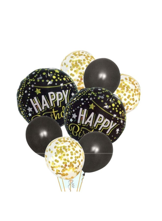 Happy Birthday Foil Balloon Set – 18 Inch Foil Balloon with Black Latex & Gold Confetti Balloons | Set of 8pcs for Birthday Decoration