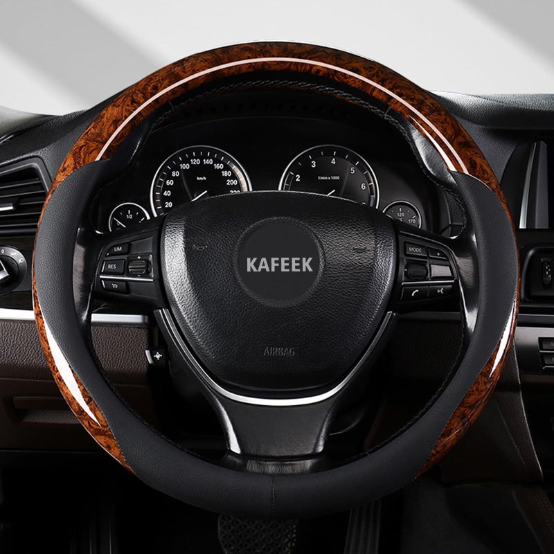 KAFEEK Wood Grain Steering Wheel Cover Microfiber Leather Universal 14 1/2-15 inch, Car Steering Wheel Cover Men Women, Comfortable, Anti-Slip, Odorless, Brown - Image 2