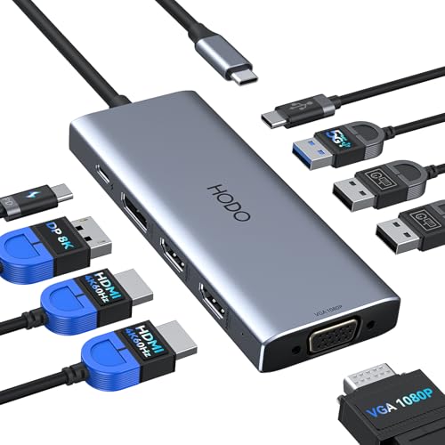 HODO USB C Docking Station Dual Monitor Adapter for Dell HP, Laptop Docking Station 3 Monitors Quad Display USB C Hub Dongle to 2 HDMI 4K,DP 8K,VGA,4 USB,PD, Thunderbolt Dock Type C Adapter for Lenovo - Image 1