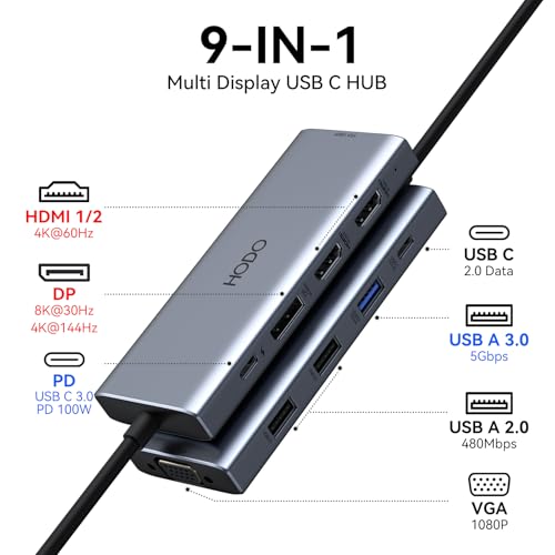HODO USB C Docking Station Dual Monitor Adapter for Dell HP, Laptop Docking Station 3 Monitors Quad Display USB C Hub Dongle to 2 HDMI 4K,DP 8K,VGA,4 USB,PD, Thunderbolt Dock Type C Adapter for Lenovo - Image 2