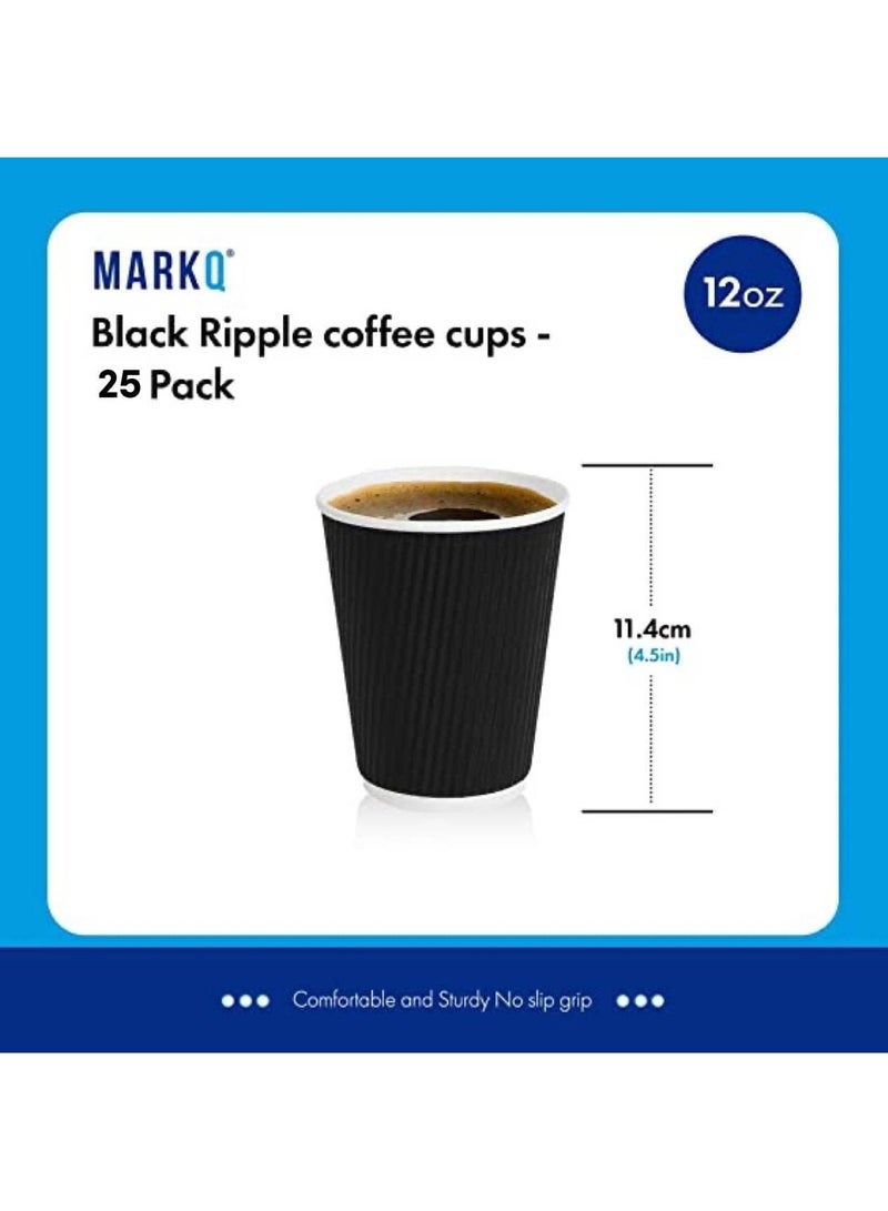 MARKQ [25 Cups] 12 oz. Black Disposable Coffee Cups - Triple Wall Ripple Hot Paper Cups for Tea, Drinks To-Go  - Image 2