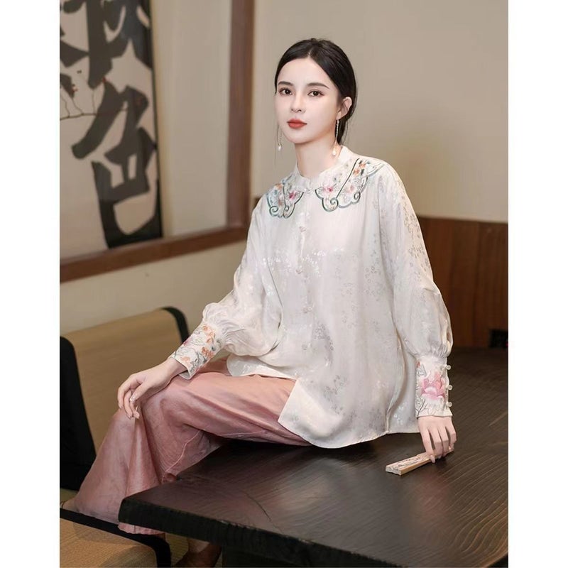 2024 Early Spring Retro Button Chinese Shirt National Style Embroidery Stand Collar Shirt New Chinese Loose Top Long Sleeve - Image 2