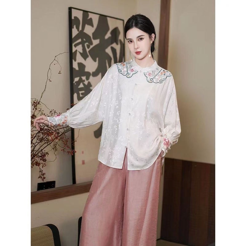 2024 Early Spring Retro Button Chinese Shirt National Style Embroidery Stand Collar Shirt New Chinese Loose Top Long Sleeve - Image 3