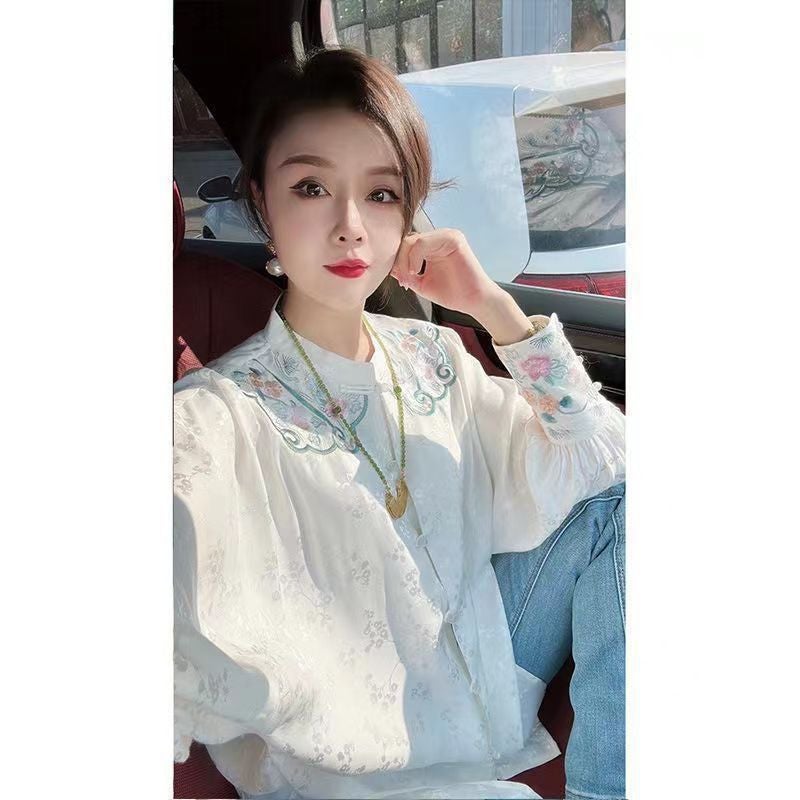 2024 Early Spring Retro Button Chinese Shirt National Style Embroidery Stand Collar Shirt New Chinese Loose Top Long Sleeve - Image 5
