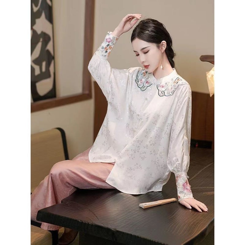 2024 Early Spring Retro Button Chinese Shirt National Style Embroidery Stand Collar Shirt New Chinese Loose Top Long Sleeve - Image 4