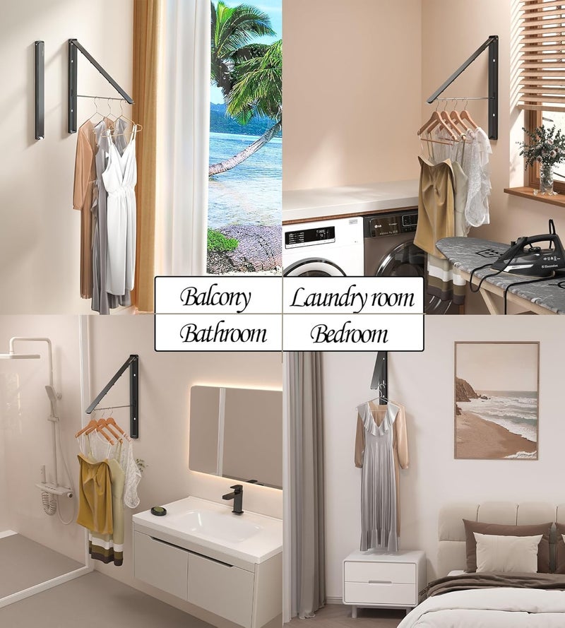 Dr.DJ Clothes Drying Rack, Wall-Mounted Retractable & Foldable Clothes Hanger for Laundry Room Organization and Storage, Metal Clothes Hanger Rack for Dorm, Closet, Balcony(1 Pack, Black) - Image 2