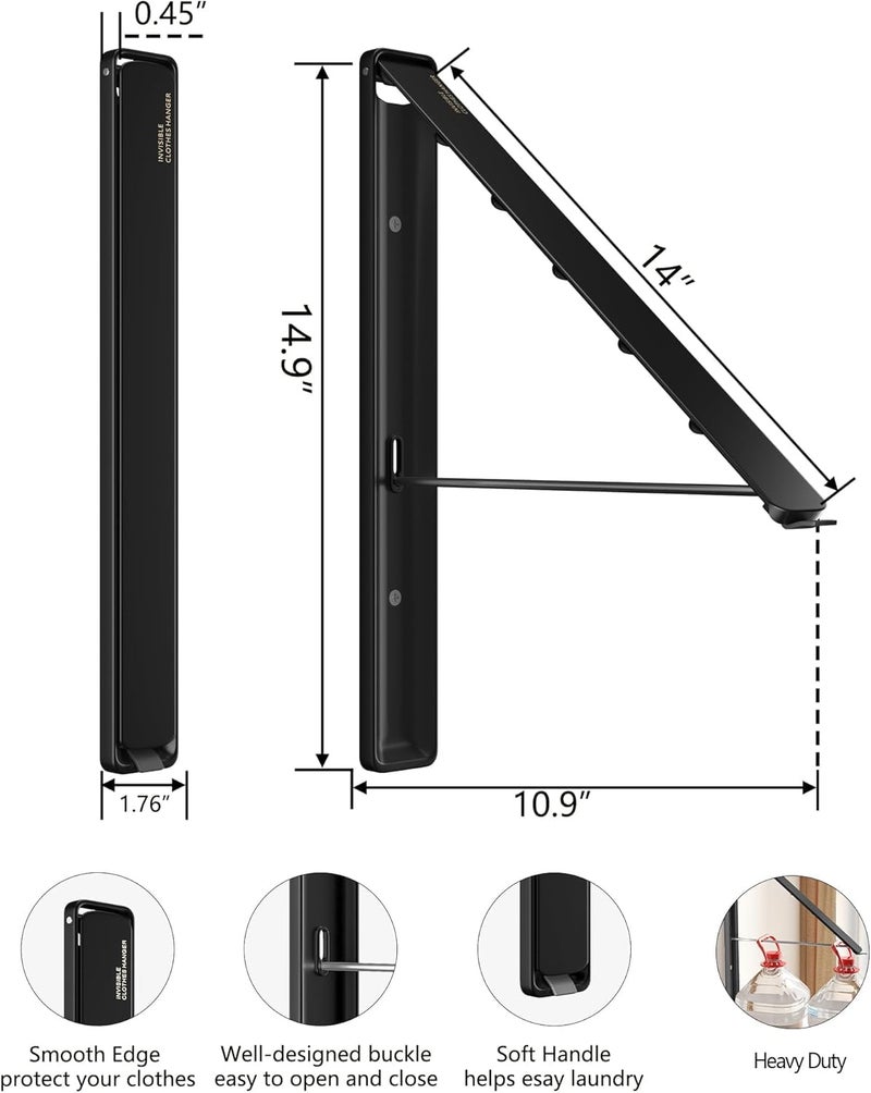 Dr.DJ Clothes Drying Rack, Wall-Mounted Retractable & Foldable Clothes Hanger for Laundry Room Organization and Storage, Metal Clothes Hanger Rack for Dorm, Closet, Balcony(1 Pack, Black) - Image 4