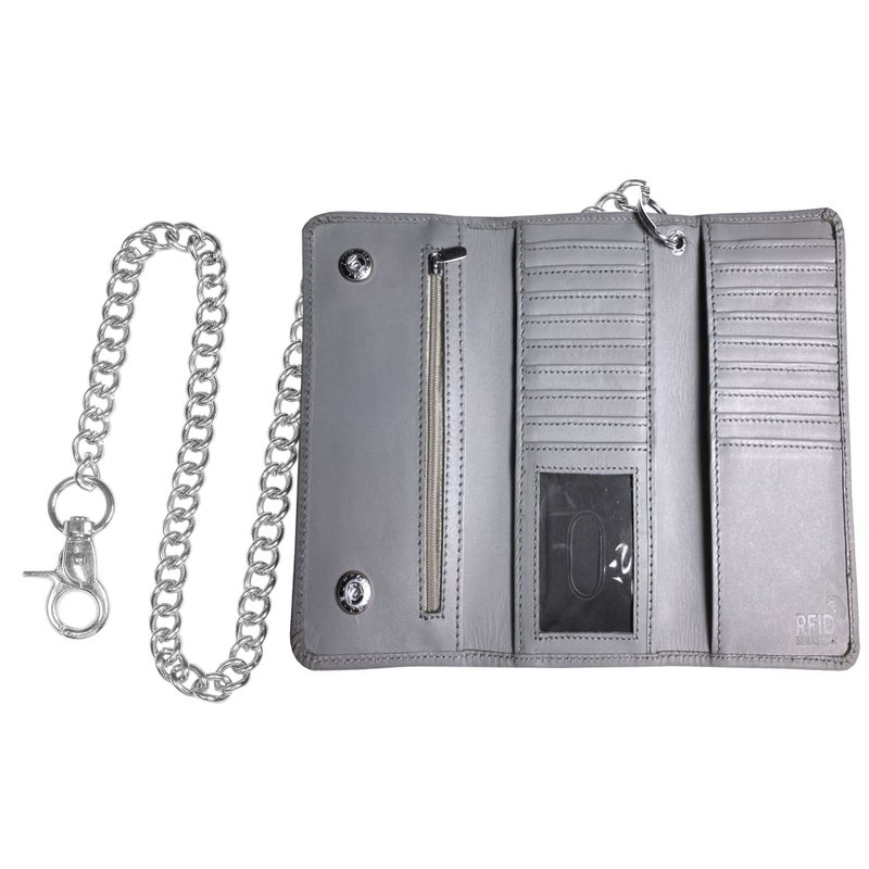 IBRO Motorcycle Chain Wallet for Men â€“ Premium Cowhide Leather, RFID Tri-Fold Biker Wallet with Heavy Duty Chain for Bikers Truckers & Hunters, Credit Card Money Organizer Long Wallet Aniline Grey - Image 1