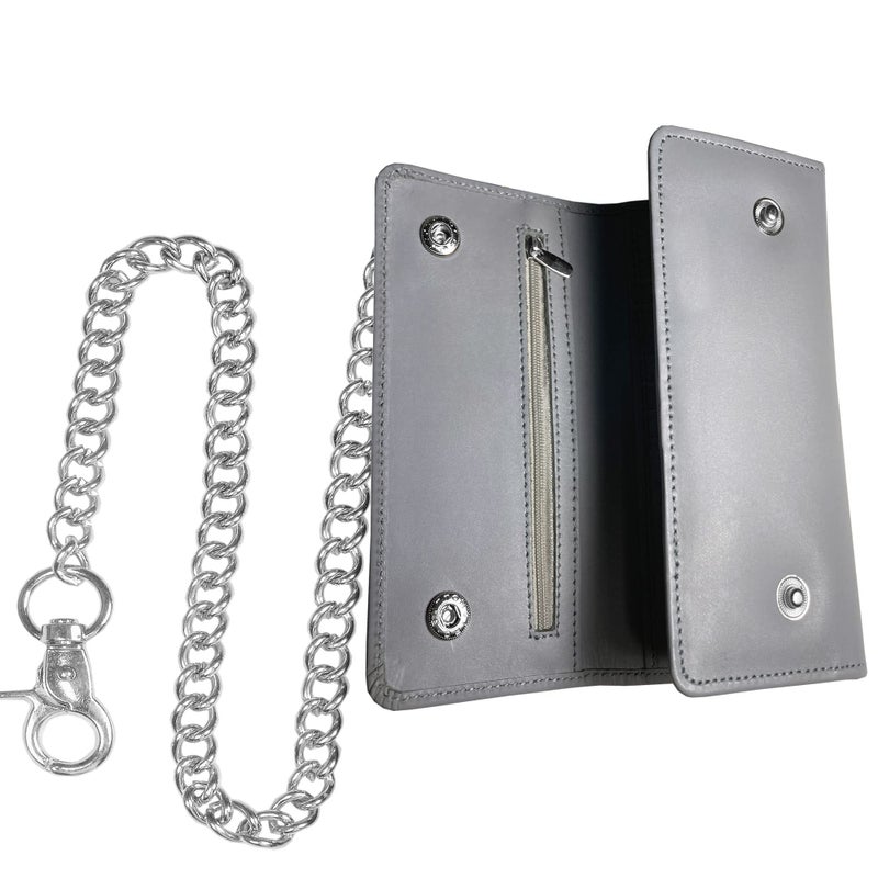 IBRO Motorcycle Chain Wallet for Men â€“ Premium Cowhide Leather, RFID Tri-Fold Biker Wallet with Heavy Duty Chain for Bikers Truckers & Hunters, Credit Card Money Organizer Long Wallet Aniline Grey - Image 5