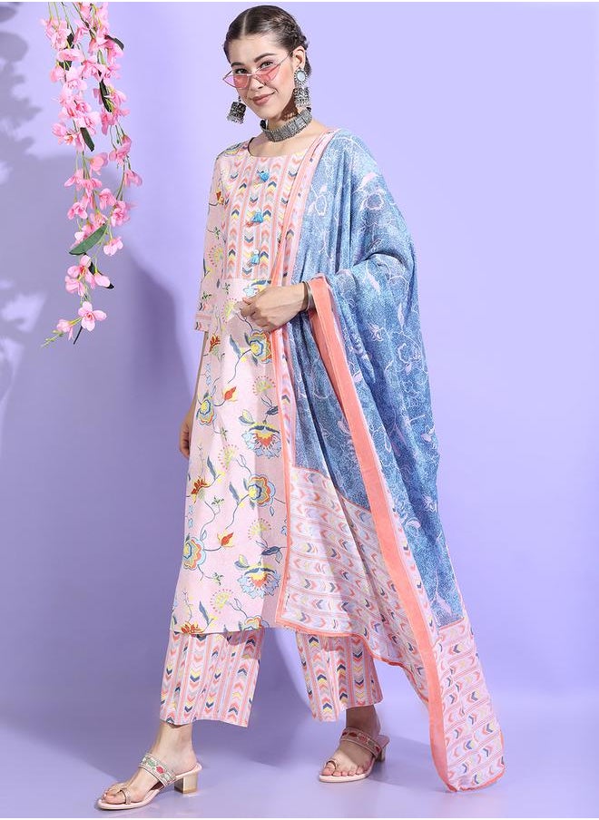Vishudh Women Floral Cotton Kurta Set with Blue Dupatta by Styli  - Image 5