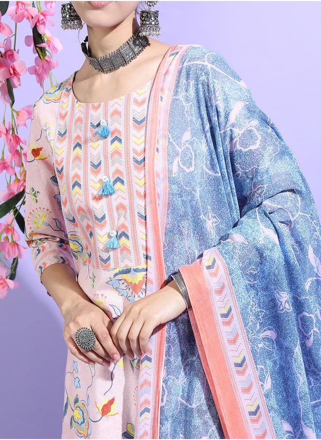 Vishudh Women Floral Cotton Kurta Set with Blue Dupatta by Styli  - Image 4