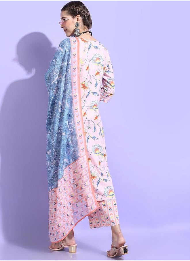 Vishudh Women Floral Cotton Kurta Set with Blue Dupatta by Styli  - Image 3