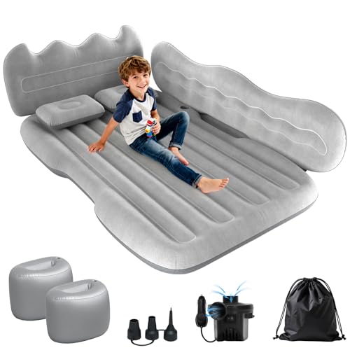 Deeteck Thickened Inflatable Car Mattress for Back Seat - SUV Air Mattress Bed for Camping & Road Trips, Portable Car Blow Up Mattress with Cup Holder, 2 Pillows & Carry Bag - Grey - Image 1