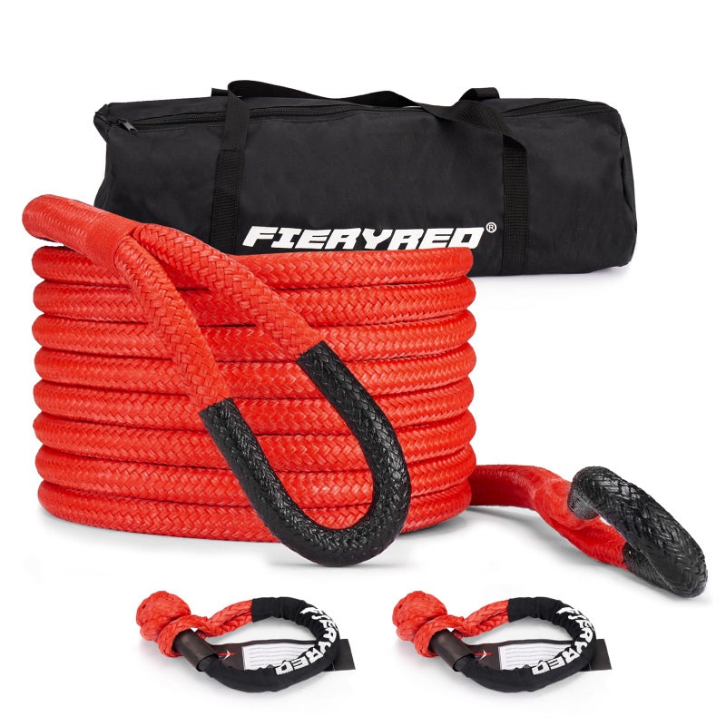 FieryRed Kinetic Recovery Rope Kit with 2 Soft Shackles 1 Inch x 30 FT Tow RopeHeavy Duty Offroad Snatch Strap for UTV ATV Truck Car Jeep Tractor