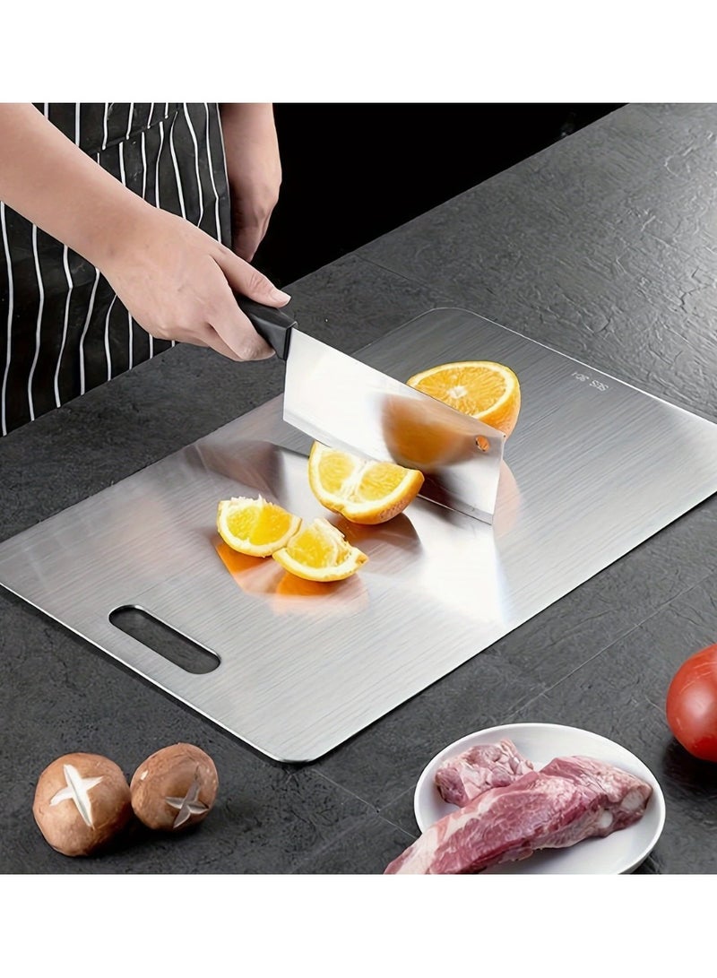 stainless steel cutting board . rust-resistant chopping board . dual-sided kitchen board . hygienic cutting surface . food prep board . steel board for vegetables and meat . odor-free kitchen board . dough prep board . non-porous cutting board . modern stainless board - Image 1