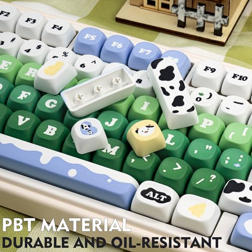 GEKUCAP MOA Profile PBT Keycap Set, 130-Key Dye Sub Cute Keycaps, Green White Kawaii Custom Keycaps for US Layout Mechanical Keyboards (Cow Theme Design with Key Puller) - Image 5