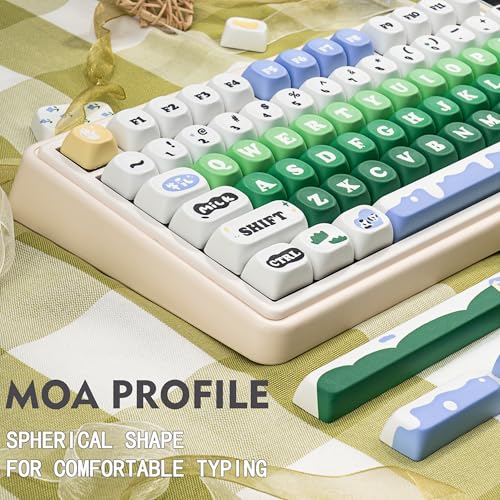 GEKUCAP MOA Profile PBT Keycap Set, 130-Key Dye Sub Cute Keycaps, Green White Kawaii Custom Keycaps for US Layout Mechanical Keyboards (Cow Theme Design with Key Puller) - Image 4