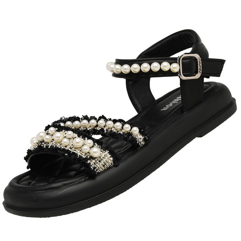 Lucky Kids Open Toe Flats Dress Sandals for Girls ,Non-Slip Soft Rubber Sole Summer Shoes with Pearls for Little Kid/Big Kid - Image 1