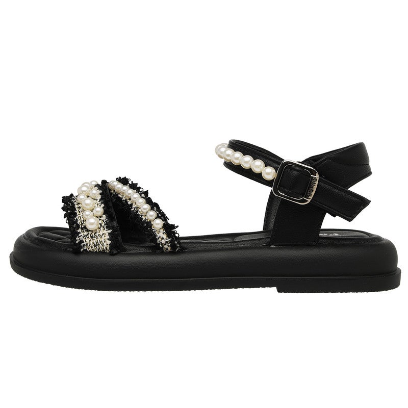 Lucky Kids Open Toe Flats Dress Sandals for Girls ,Non-Slip Soft Rubber Sole Summer Shoes with Pearls for Little Kid/Big Kid - Image 5