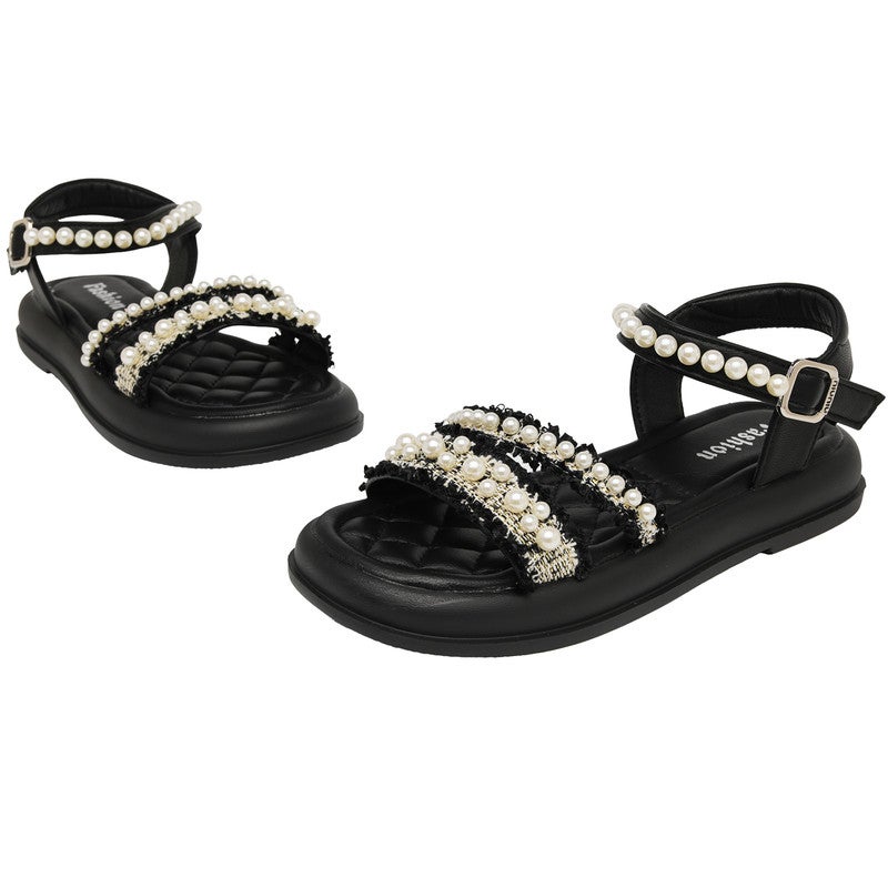 Lucky Kids Open Toe Flats Dress Sandals for Girls ,Non-Slip Soft Rubber Sole Summer Shoes with Pearls for Little Kid/Big Kid - Image 2