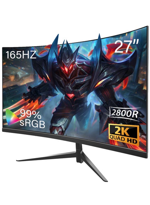 27" Curved Gaming Monitor, QHD 2560×1440 Resolution, 165Hz Refresh Rate, 16:9 Wide HDR Screen, AMD FreeSync, 1ms Response Time, Dual HDMI & DisplayPort, Tilt Adjustable