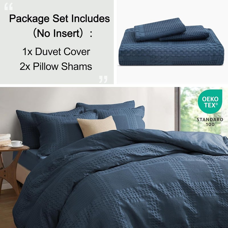 PHF 100% Cotton Waffle Duvet Cover King Size, 3 Pieces Soft Breathable Duvet Cover Set for All Season, Pre-Washed Decorative Textured Comforter Cover with 2 Pillow Shams, 106" x 92", Navy Blue - Image 3