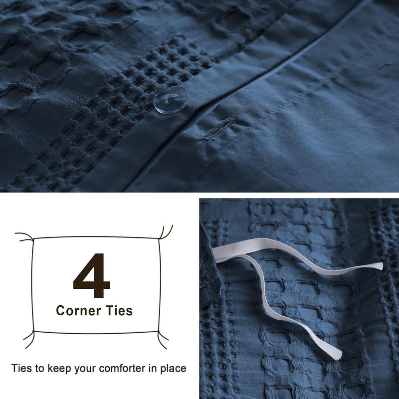 PHF 100% Cotton Waffle Duvet Cover King Size, 3 Pieces Soft Breathable Duvet Cover Set for All Season, Pre-Washed Decorative Textured Comforter Cover with 2 Pillow Shams, 106" x 92", Navy Blue - Image 5