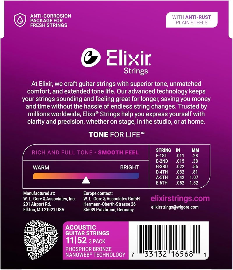 Elixir NANOWEB Phosphor Bronze Acoustic Guitar Strings - Custom Light .011-.052 (Set of 3) - Image 3