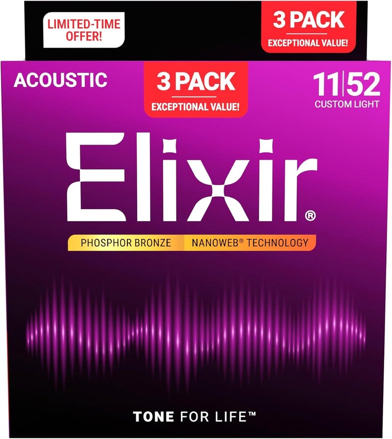Elixir NANOWEB Phosphor Bronze Acoustic Guitar Strings - Custom Light .011-.052 (Set of 3) - Image 2