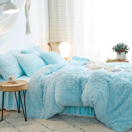 HAIHUA Fluffy Blue Comforter Cover King Set, Soft Furry Fuzzy Blue Bedding King Set 3 Pieces (1 Shaggy Duvet Cover + 2 Plush Pillow Cases) Faux Fur Bed Set, Zipper Closure - Image 3