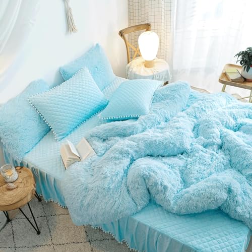 HAIHUA Fluffy Blue Comforter Cover King Set, Soft Furry Fuzzy Blue Bedding King Set 3 Pieces (1 Shaggy Duvet Cover + 2 Plush Pillow Cases) Faux Fur Bed Set, Zipper Closure - Image 4