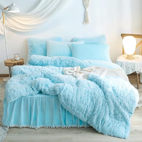 HAIHUA Fluffy Blue Comforter Cover King Set, Soft Furry Fuzzy Blue Bedding King Set 3 Pieces (1 Shaggy Duvet Cover + 2 Plush Pillow Cases) Faux Fur Bed Set, Zipper Closure - Image 1