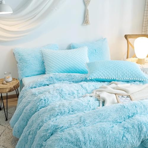 HAIHUA Fluffy Blue Comforter Cover King Set, Soft Furry Fuzzy Blue Bedding King Set 3 Pieces (1 Shaggy Duvet Cover + 2 Plush Pillow Cases) Faux Fur Bed Set, Zipper Closure - Image 5