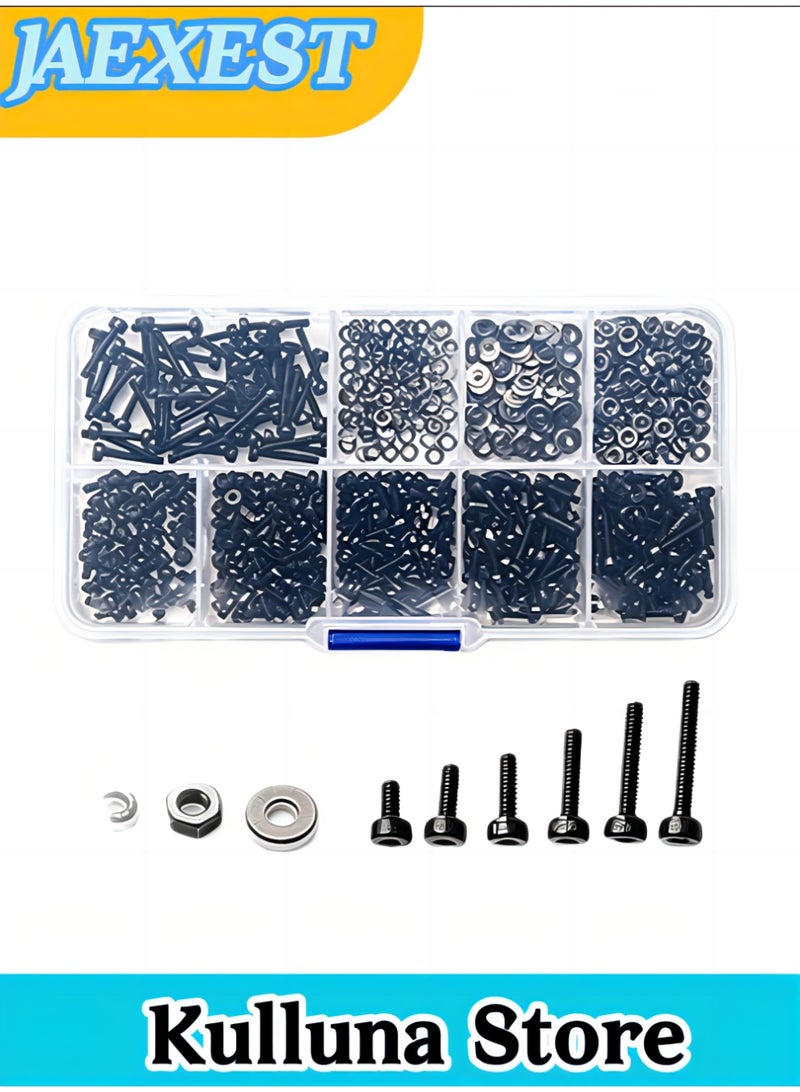 600 Pieces Black Column Head Hex Socket Screws Bolt Nut Flat Pad Washers Spring Kit with Plastic Case