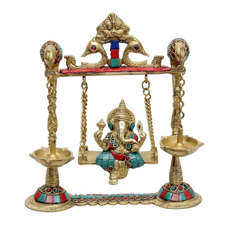 Dattatreya Brass Ganesha On Swing with Two Parrot Holding Oil Lamp Height 8.5 Inches - Image 2