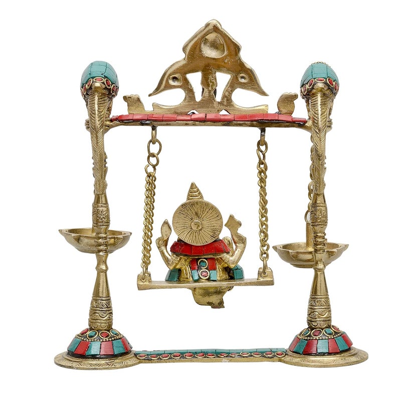Dattatreya Brass Ganesha On Swing with Two Parrot Holding Oil Lamp Height 8.5 Inches - Image 5