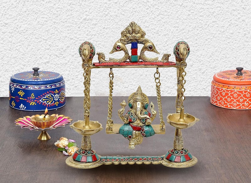 Dattatreya Brass Ganesha On Swing with Two Parrot Holding Oil Lamp Height 8.5 Inches - Image 1