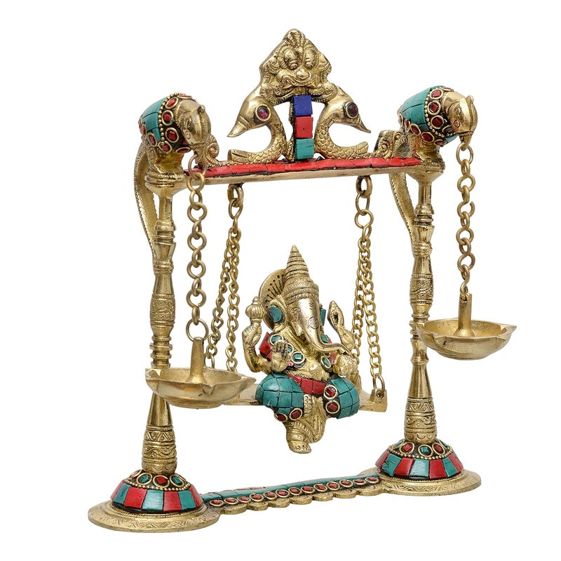Dattatreya Brass Ganesha On Swing with Two Parrot Holding Oil Lamp Height 8.5 Inches - Image 4