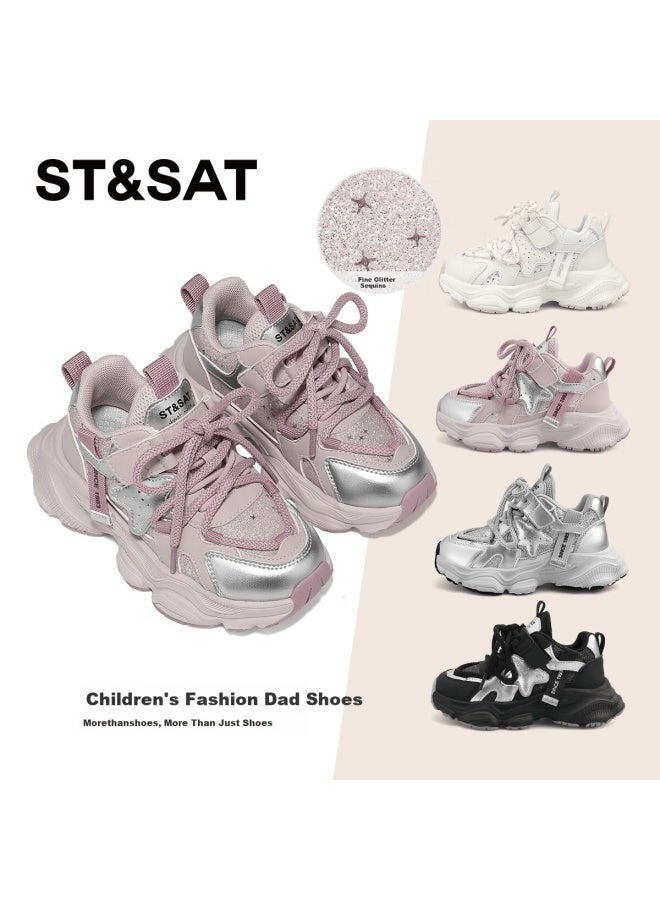 St&sat Girls' Spring Fashion Sequin Soft Sole Kids' Dad Sneakers Pink Purple Size 29 - Image 1