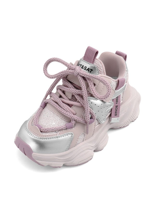 St&sat Girls' Spring Fashion Sequin Soft Sole Kids' Dad Sneakers Pink Purple Size 29 - Image 4