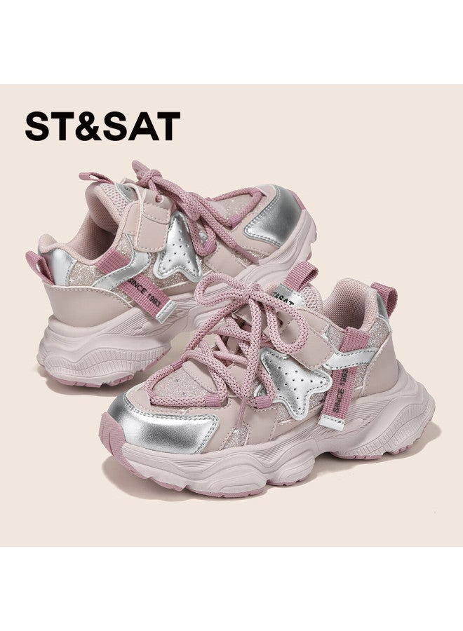 St&sat Girls' Spring Fashion Sequin Soft Sole Kids' Dad Sneakers Pink Purple Size 29 - Image 3