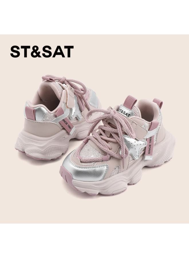St&sat Girls' Spring Fashion Sequin Soft Sole Kids' Dad Sneakers Pink Purple Size 29 - Image 2