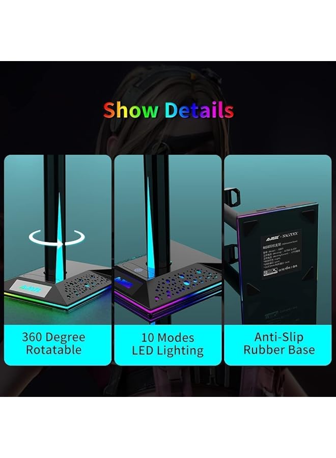 Arabest Rgb Gaming Headset Stand With 3.5Mm Aux And 2 Usb Ports Touch Control 10 Lighting Modes Headset Stand For Pc Gamers Desktop Accessories Black  - Image 5