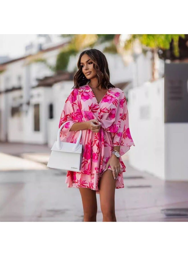 Popular Women's Clothing European And American V-neck Printed Tight Waist Batwing Sleeve Half Sleeve Dress Short Skirt