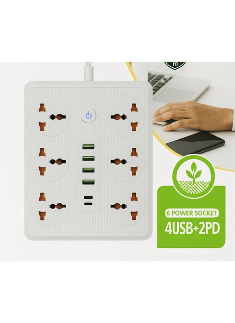 6-Socket Power Extension Board with 4 USB Ports & 2 PD Fast Charging | Universal Plug | 2M Cable | Surge Protected