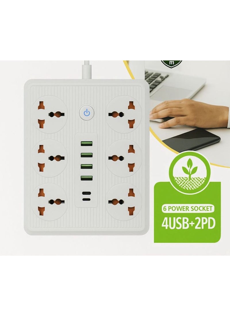 Generic - 6-Socket Power Extension Board with 4 USB Ports & 2 PD Fast Charging | Universal Plug | 2M Cable | Surge Protected - Image 1